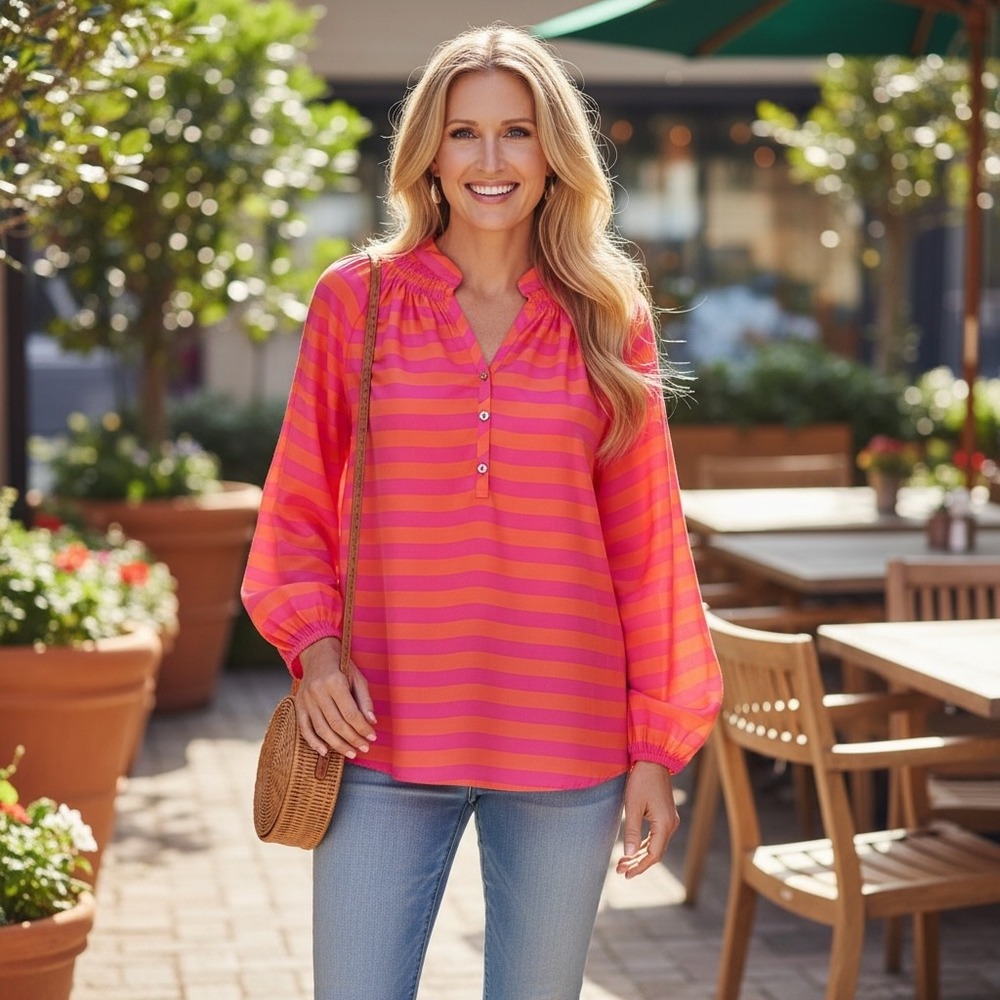 Lilly Pulitzer Pink Orange Striped 100% Silk Blouse Top Smocked‎ V-Neck Small